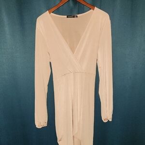 Boohoo Cream Long Sleeve Wrap-Style Dress
